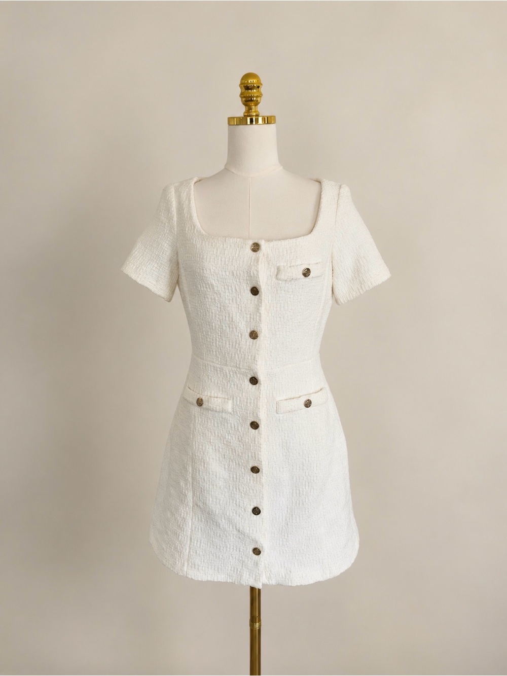 Maje White Square Neck Tweed Button-Front Mini Dress - Size 38
